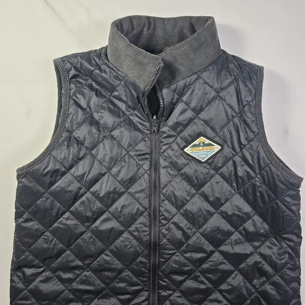 Volcom Reversible Quilted Vest Youth XL (18-20) Black Corduroy Collar Full Zip